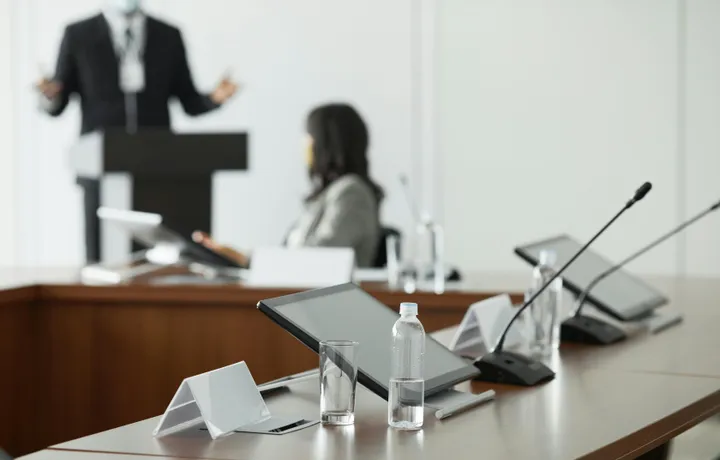 Professional audio setup for a corporate event presentation